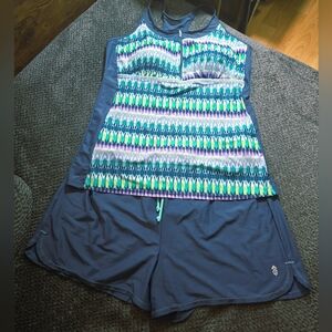 Free Country 2X Tankini Swim Set Blue Patterned Top + Swim Shorts 22W 24W